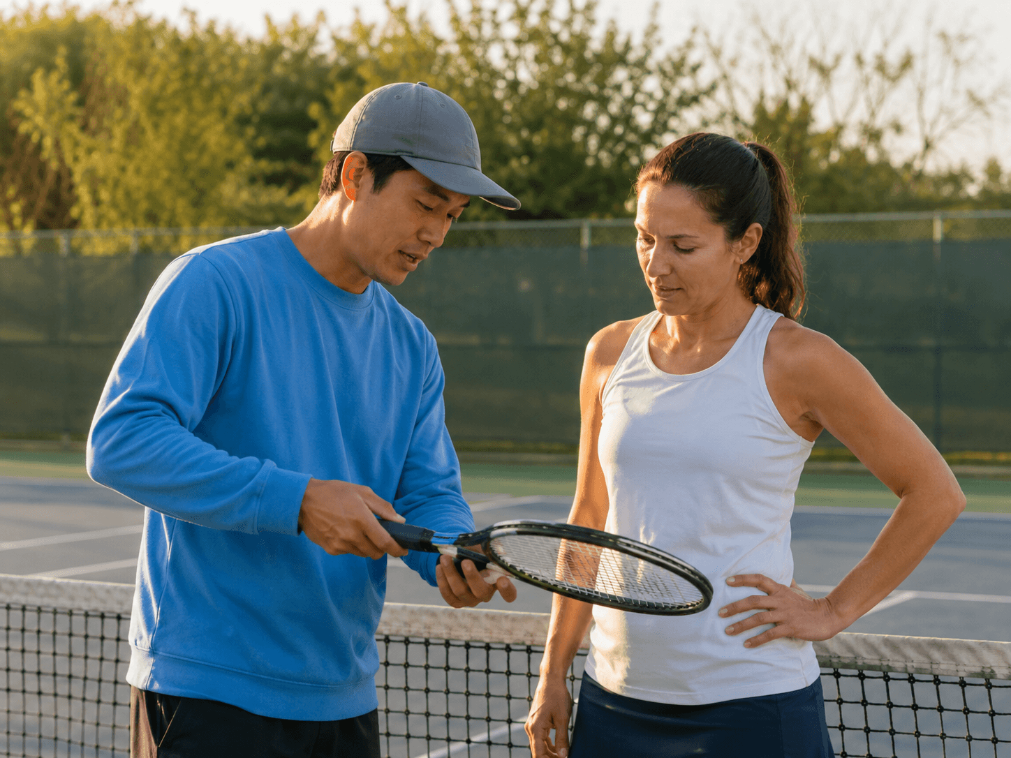 A tennis coach beside the net talking with an adult player during a lesson.