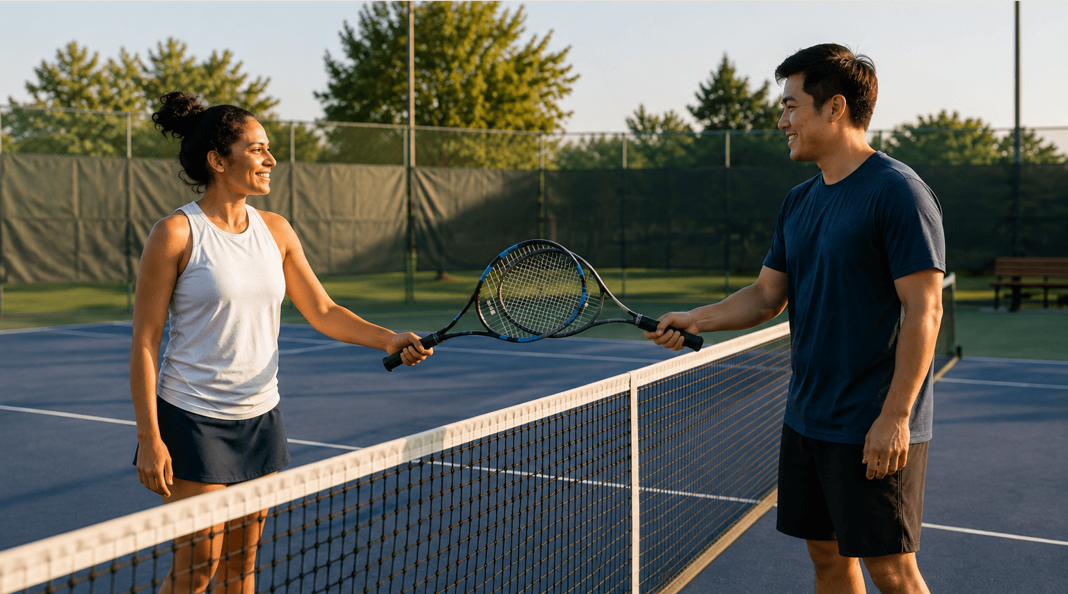Two adult players meeting at the net after a friendly match on a public court.